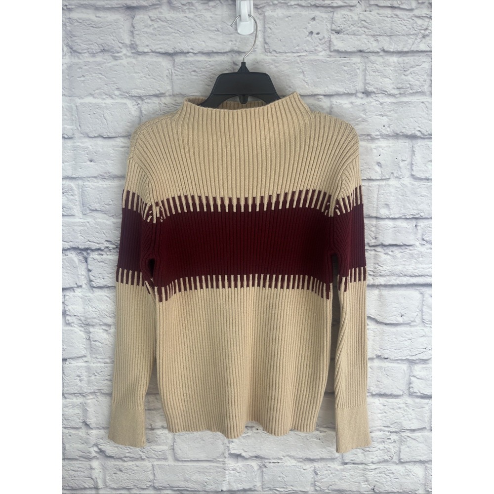 Cliche Tan Burgundy Cozy Ribbed Mock Neck Wool Blend Stretch Sweater Medium